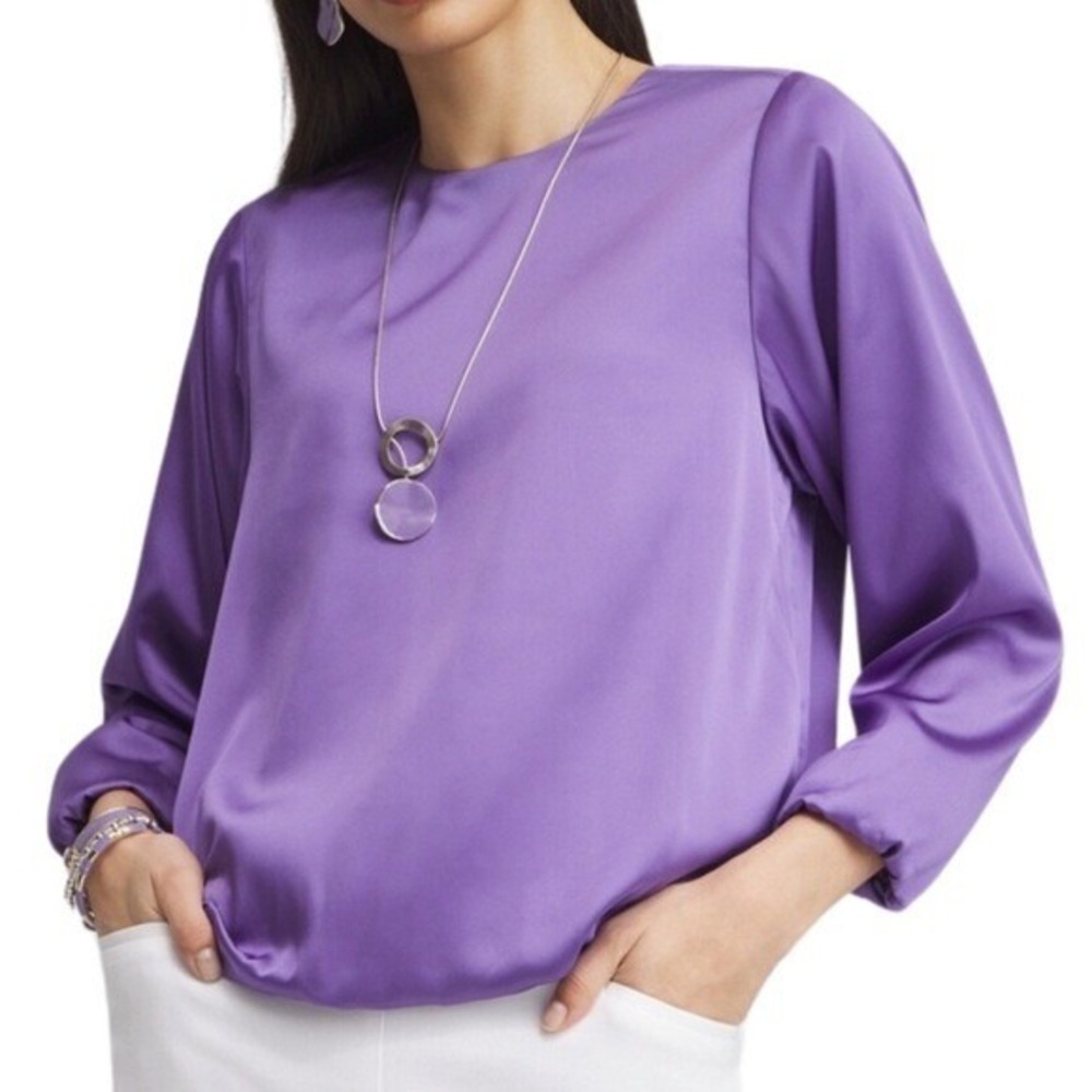 Chicos NWT Parisian Purple Satin Bubble Hem Long Sleeve Blouse Top Size 1 Small